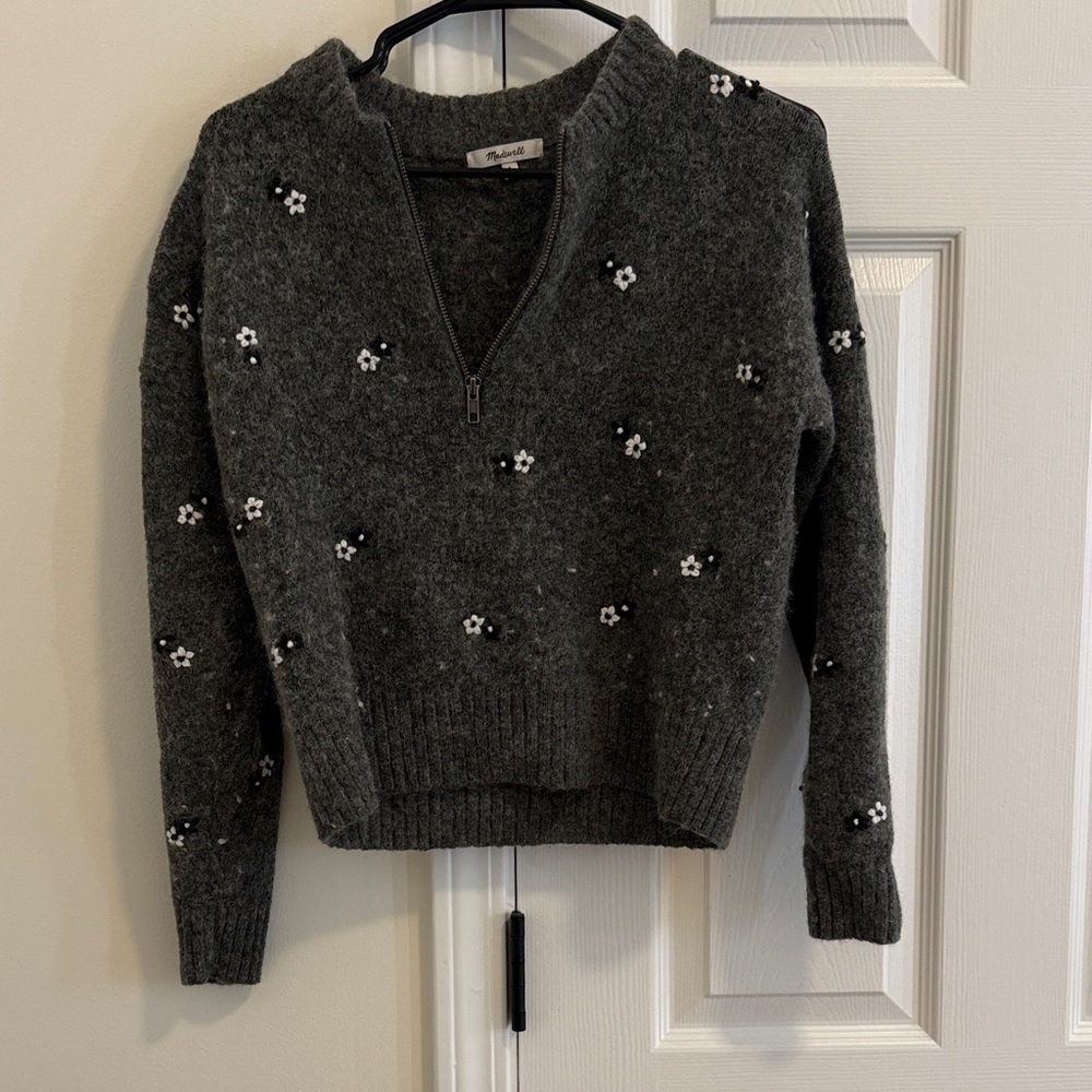 Madewell Dark Gray Floral V-Neck Sweater